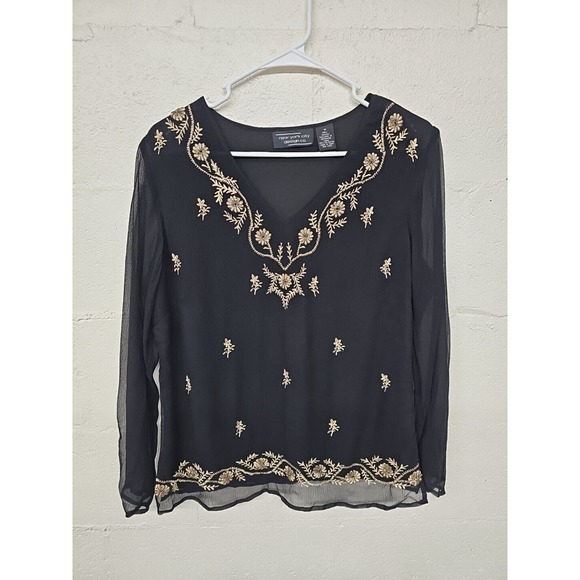 New York City Shirt Medium Embroidered Beaded Black Silk Sheer Sleeve Black Gold - Picture 1 of 8